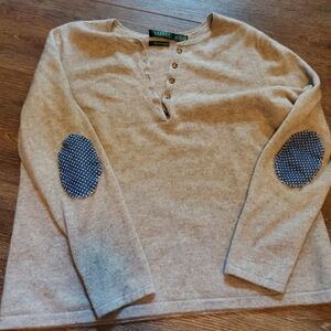 Ralph Lauren Cashmere Women's Tan Henley Sweater with Denim Accents